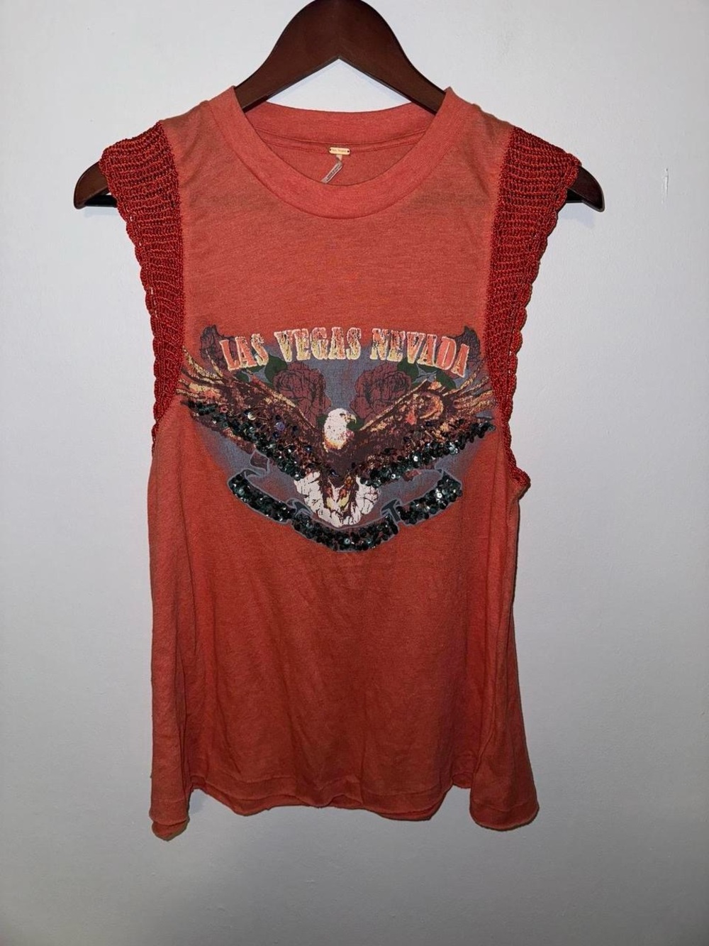 Free People Coral Graphic Crochet-Shoulder Tank